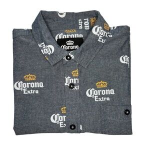 Corona Extra All-Over Print Gray Chambray Button Down Short Sleeve Shirt